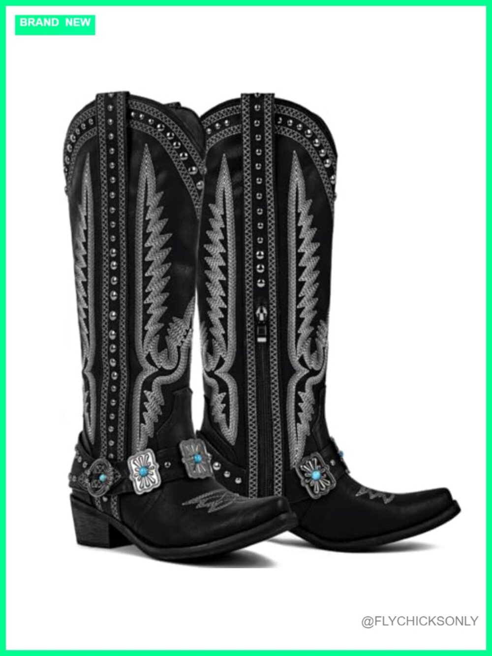 Knee High Western Cowboy Boots Leather Chunky Block Heel Zip Embroidered